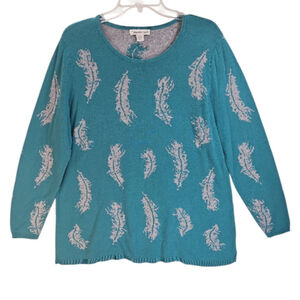 Coldwater Creek Teal Gray Feather Crew Neck Sweater Tunic XL
